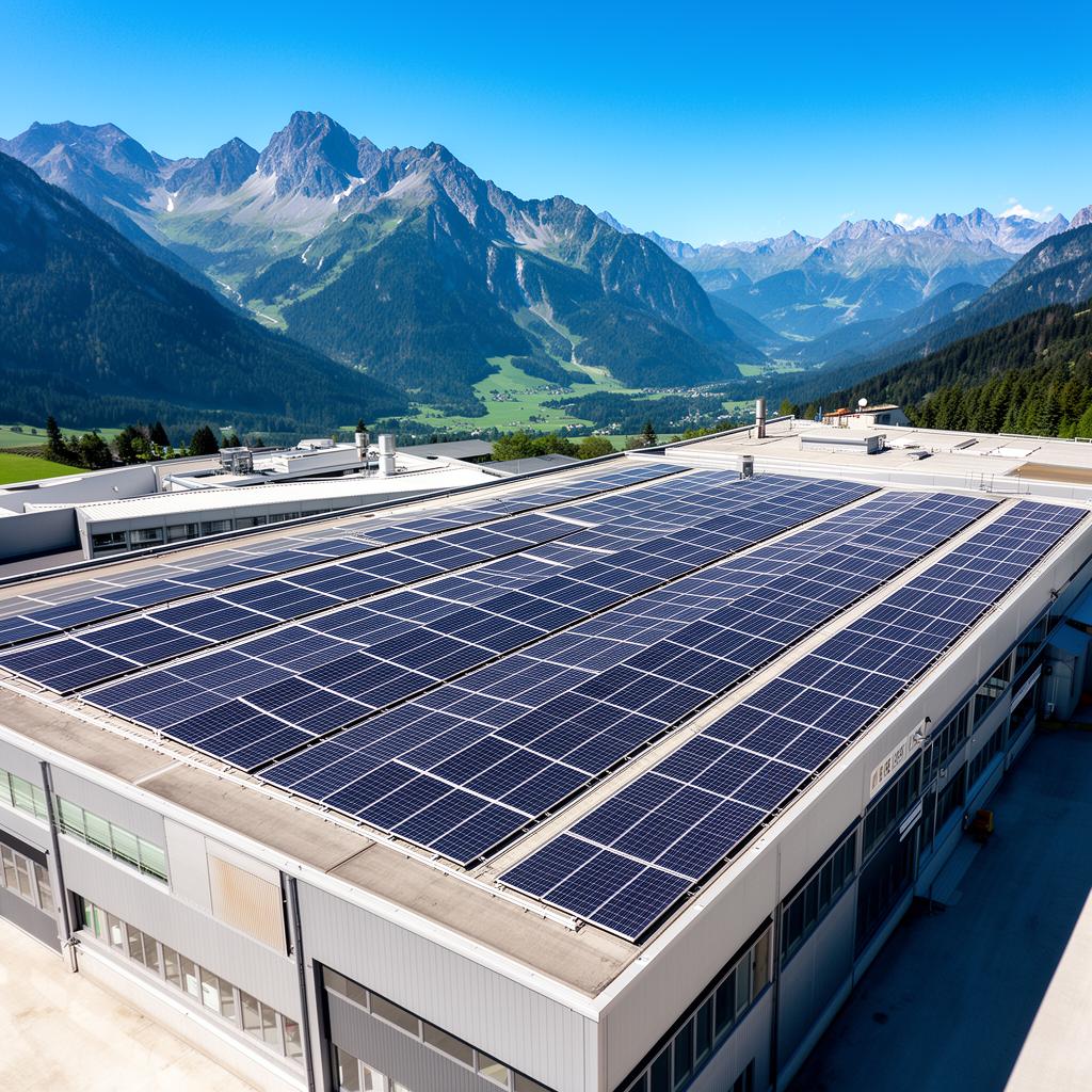 PV Anlage auf dem Dach eines Industriegebäudes in alpiner Umgebung