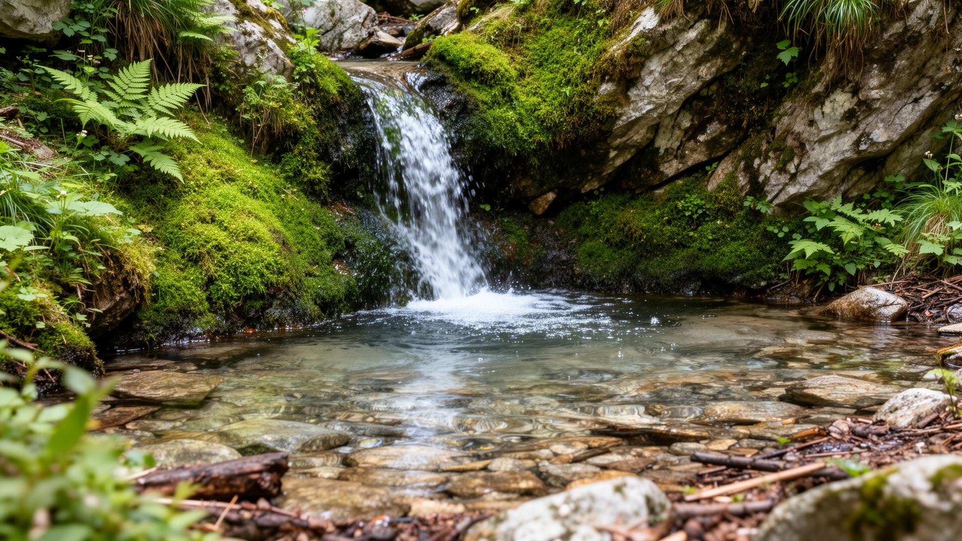 Natürliche Bergquelle mit klarem Quellwasser in alpiner Umgebung